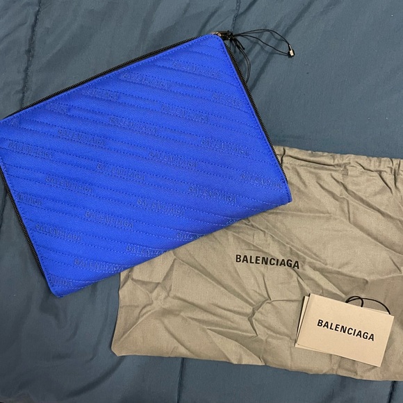 Balenciaga explorer blue canvas logo zip pouch.